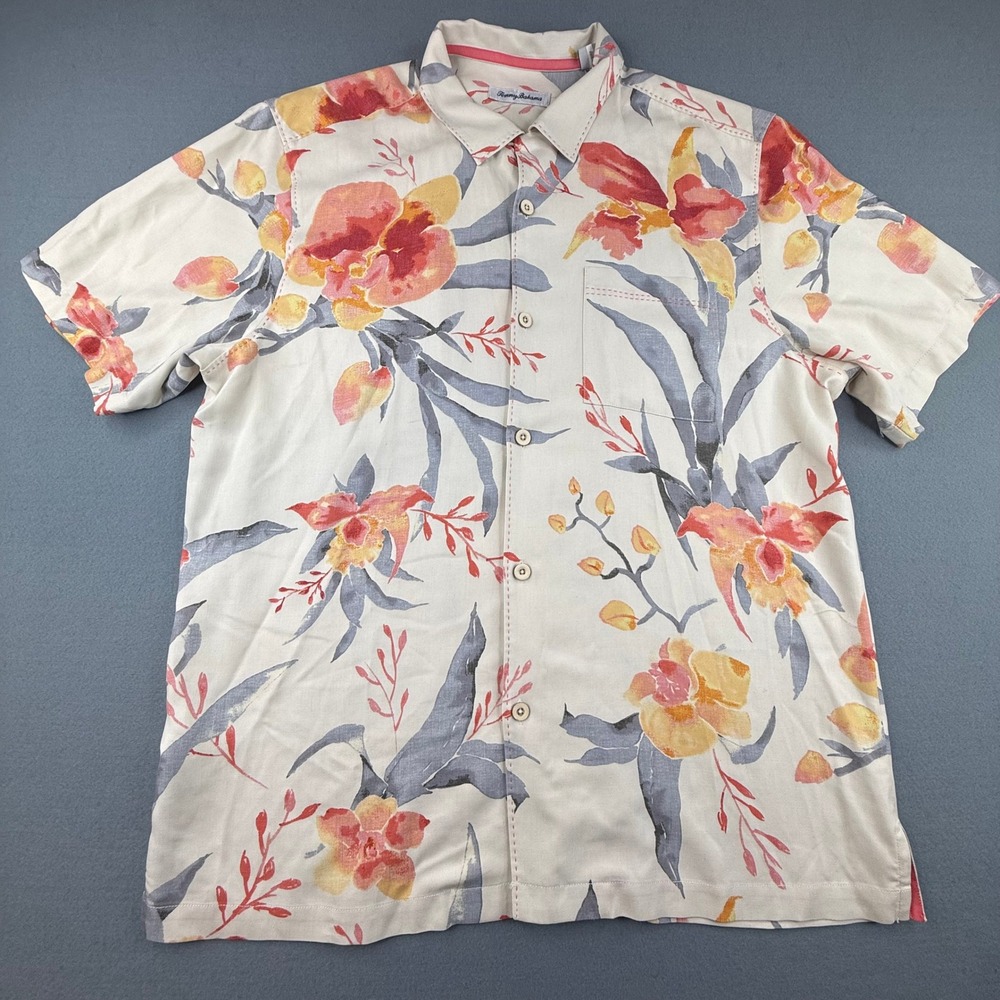 Tommy Bahama Button Down Silk Shirt Mens Large Cream Floral Tropical TB93 Orchid